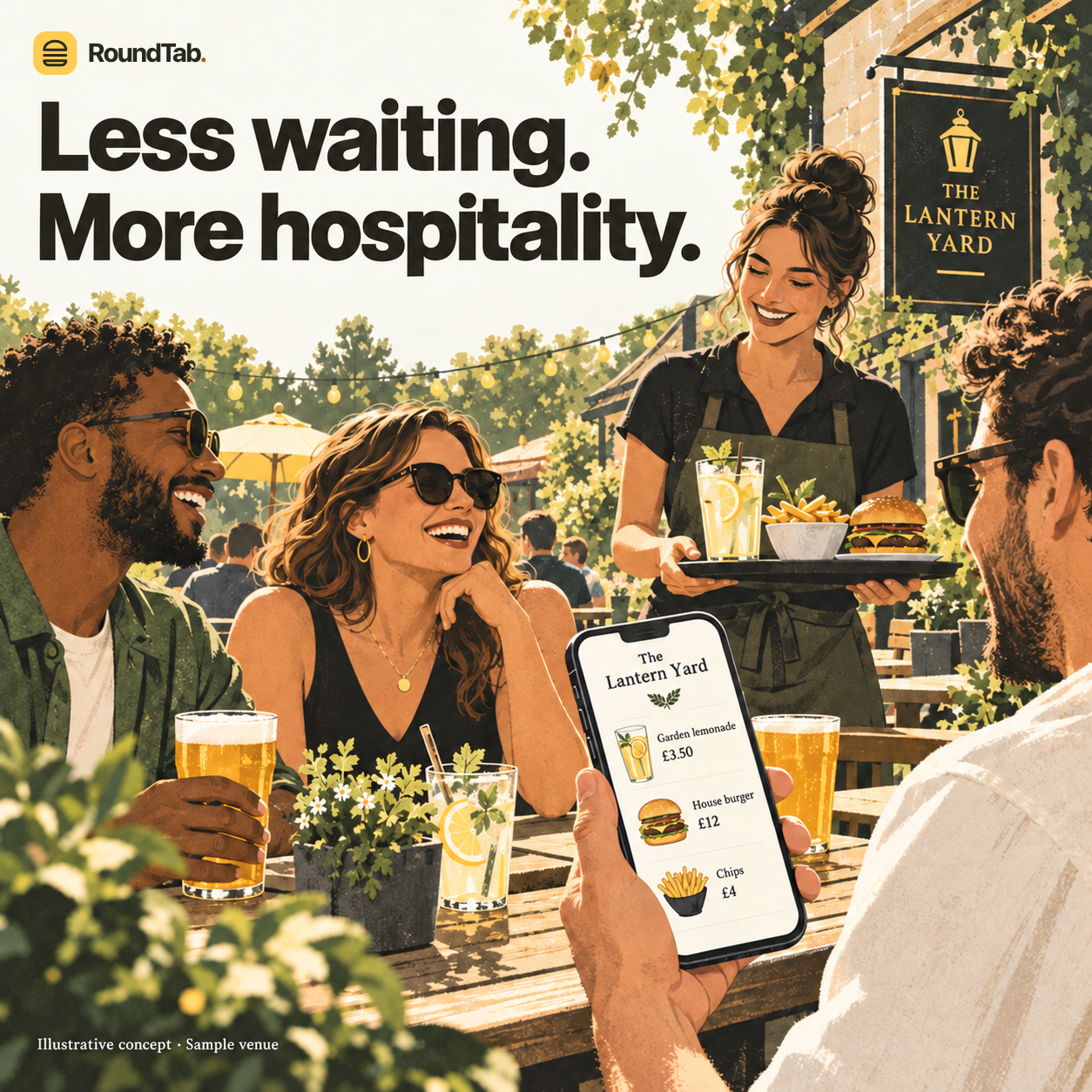 Illustration of friends in a fictional pub garden with a sample menu