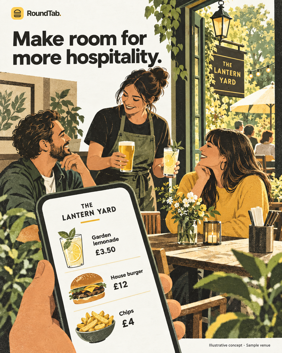 Illustration of guests and a server at fictional Lantern Yard, with a conceptual menu